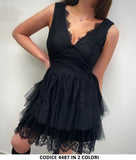 Abito  Corto Merlettato con Volant Elegante da Cerimonia Scollo V Vestito Rosa e Nero - 4487