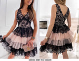 Abito  Corto Merlettato con Volant Elegante da Cerimonia Scollo V Vestito Rosa e Nero - 4487