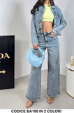 Completo in Jeans Giacca e Pantalone Zampa Applicazione Strass Effetto Pioggia Coordinato Fashion in 2 Colori - BA100