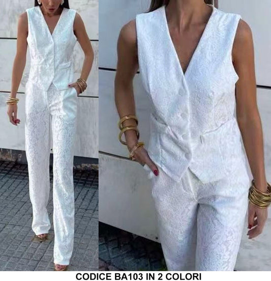 Completo Elegante Tailleur Maglia Gilet Pantalone Palazzo Stampa Floreale Coordinato Casual in Bianco o Nero - BA103