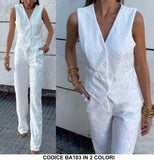 Completo Elegante Tailleur Maglia Gilet Pantalone Palazzo Stampa Floreale Coordinato Casual in Bianco o Nero - BA103