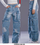 Pantalone Donna Ragazza in Jeans Blu Scuro Cargo 6 Tasche Pantaloni Fashion Palazzo - BA105