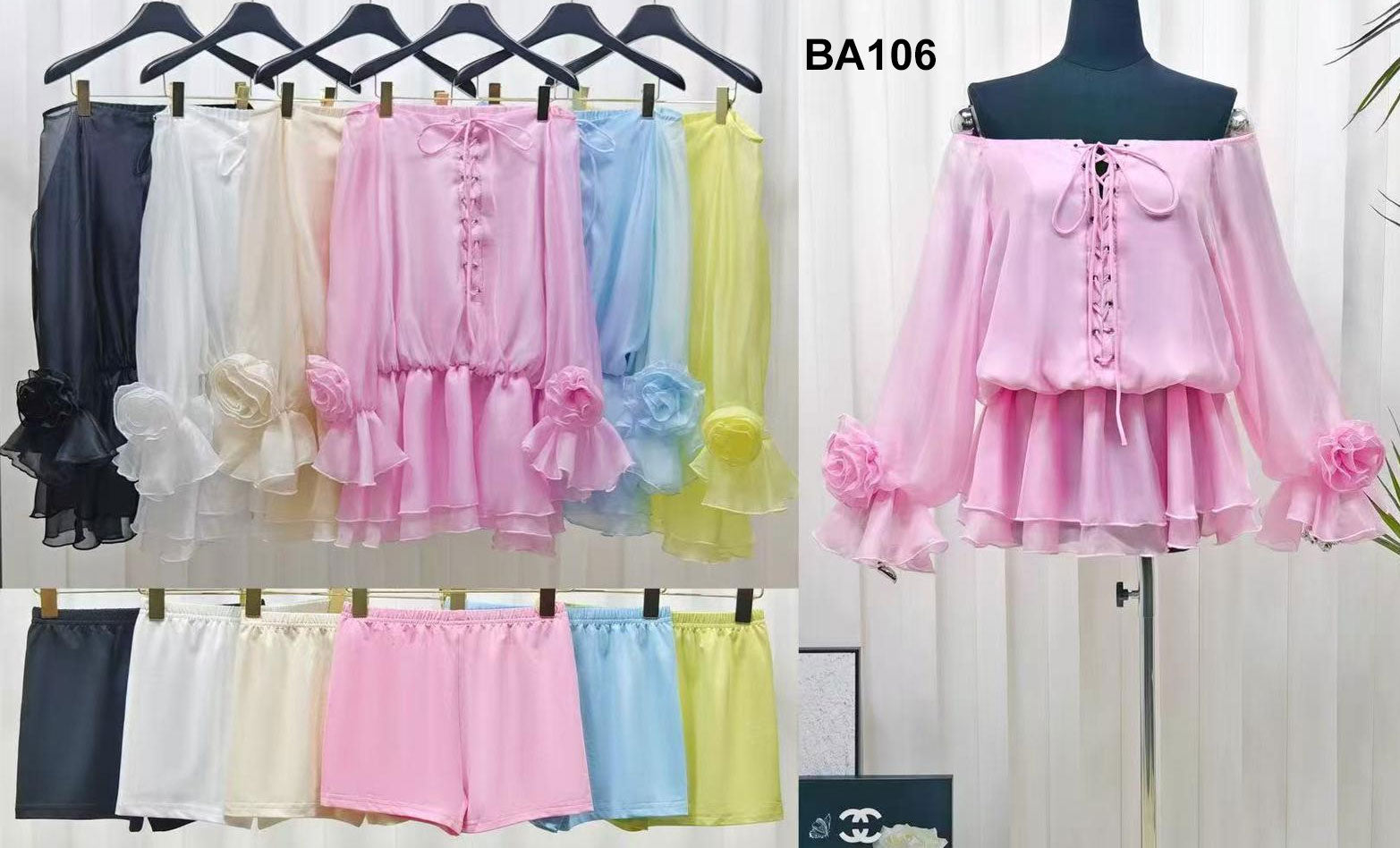 Abito Corto Elegante Manica Corta Applicazione Rosa e Volant con Culotte Vestito Casual in 6 Colori - BA106