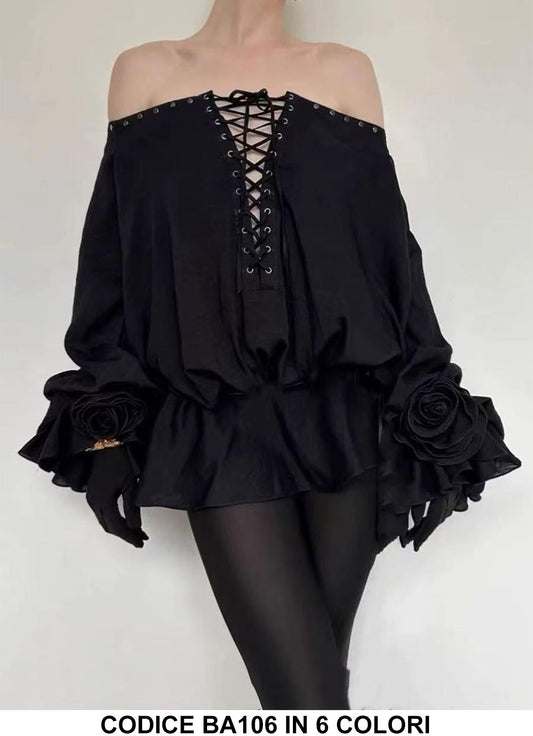 Abito Corto Elegante Manica Corta Applicazione Rosa e Volant con Culotte Vestito Casual in 6 Colori - BA106