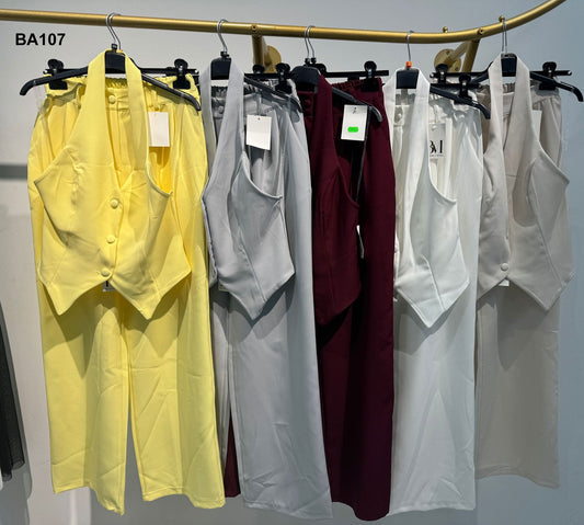 Completo Tailleur Gilet Allacciato al Collo Pantalone Zampa Coordinato Elegante Casual in 5 Colori - BA107