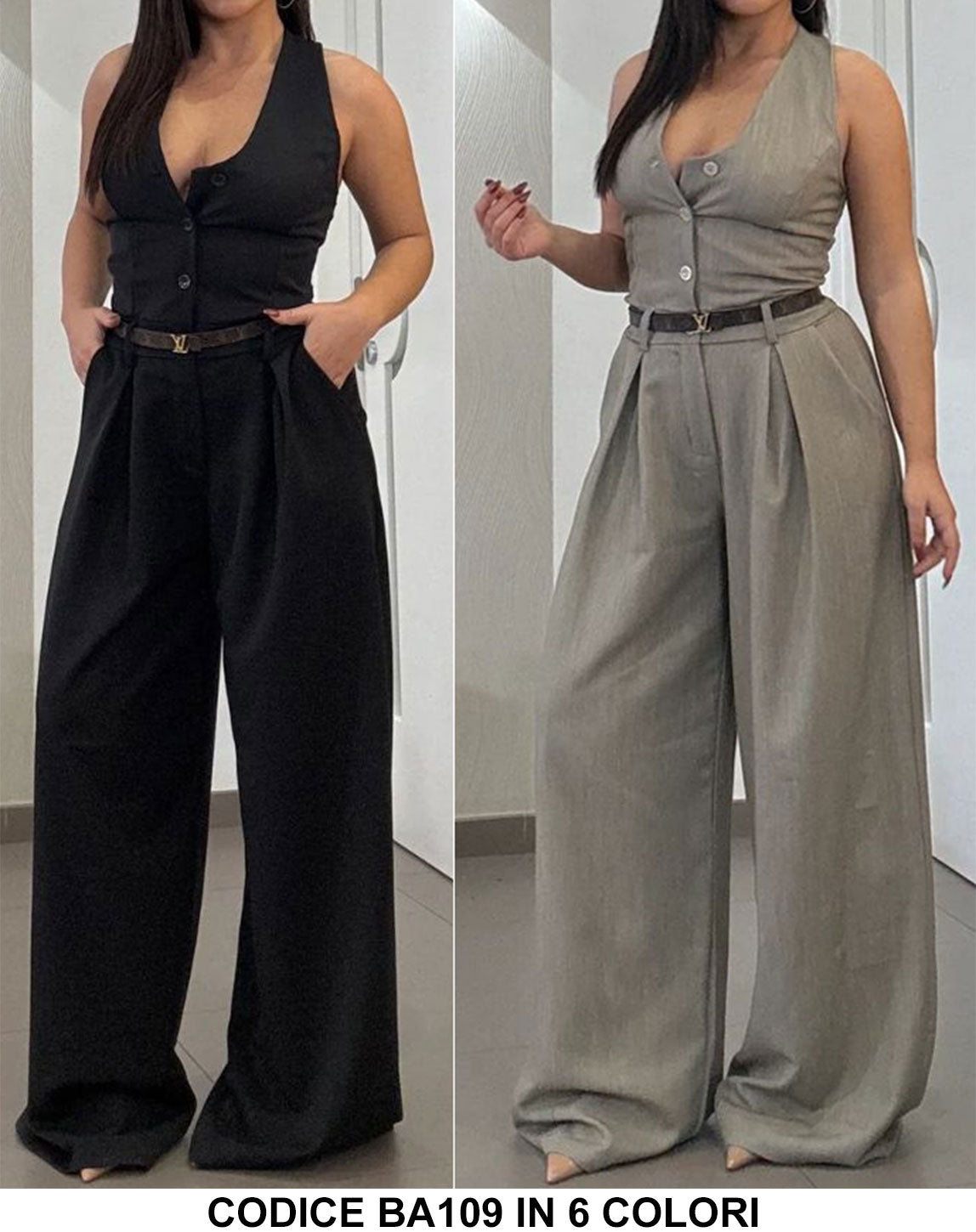 Tuta Elegante Intera Allacciata al Collo Pantalone Palazzo Jumpsuit Chemisier Casual in 7 Colori - BA109