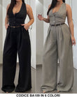 Tuta Elegante Intera Allacciata al Collo Pantalone Palazzo Jumpsuit Chemisier Casual in 7 Colori - BA109