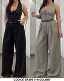 Tuta Elegante Intera Allacciata al Collo Pantalone Palazzo Jumpsuit Chemisier Casual in 7 Colori - BA109