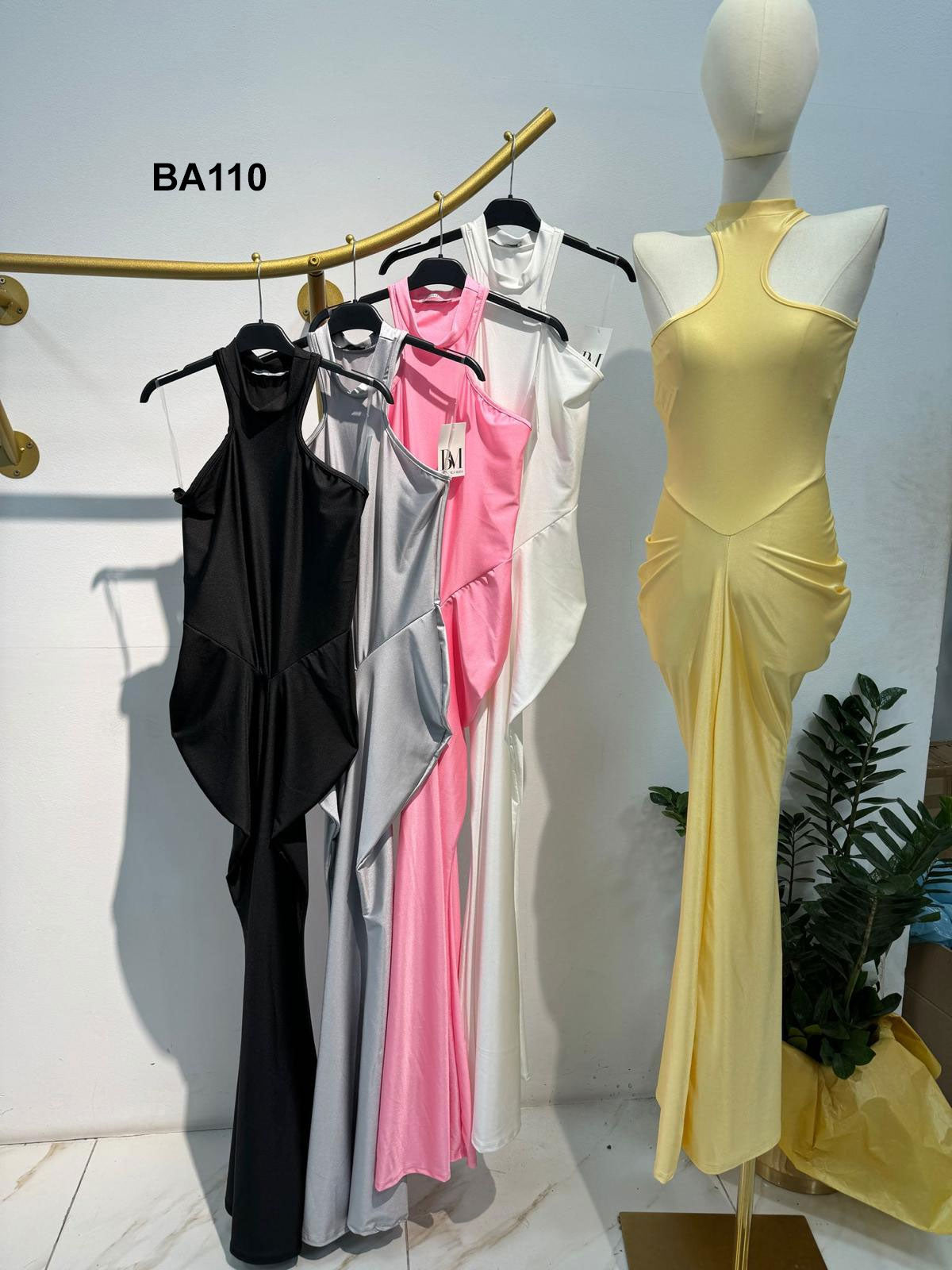 Abito Lungo Elegante Cerimonia Aderente Stile Sirena Allacciato al Collo Vestito Evento in 5 Colori - BA110