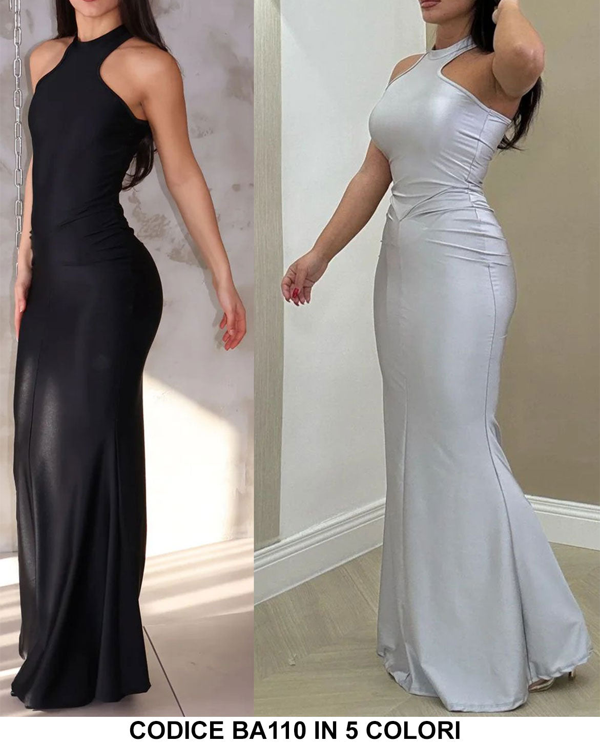 Abito Lungo Elegante Cerimonia Aderente Stile Sirena Allacciato al Collo Vestito Evento in 5 Colori - BA110