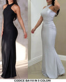 Abito Lungo Elegante Cerimonia Aderente Stile Sirena Allacciato al Collo Vestito Evento in 5 Colori - BA110