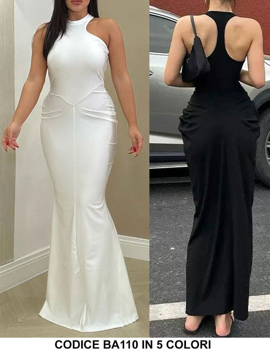 Abito Lungo Elegante Cerimonia Aderente Stile Sirena Allacciato al Collo Vestito Evento in 5 Colori - BA110
