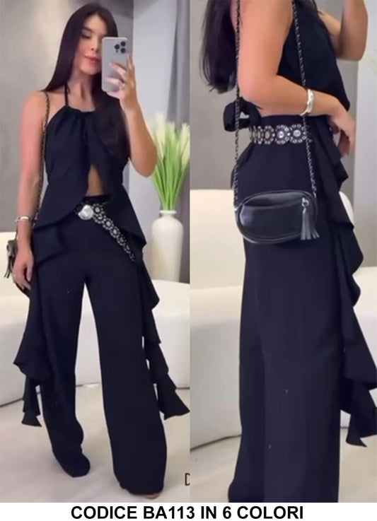 Completo Casual Maglia Canotta Lunga Asimmetrica Pantalone Palazzo Coordinato Fashion in 5 Colori - BA113