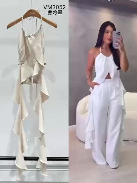 Completo Casual Maglia Canotta Lunga Asimmetrica Pantalone Palazzo Coordinato Fashion in 5 Colori - BA113