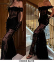 Abito Lungo Elegante Nero da Cerimonia Evento Spalline Scese Merletto Pizzo Vestito con Trasparenze - BA115