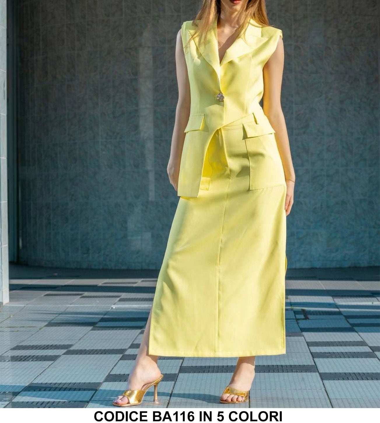 Completo Tailleur Donna Giacca Smanicata Asimmetrica Bottone Gioiello Gonna Lunga Midi in 5 Colori - BA116