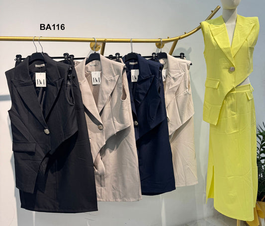 Completo Tailleur Donna Giacca Smanicata Asimmetrica Bottone Gioiello Gonna Lunga Midi in 5 Colori - BA116