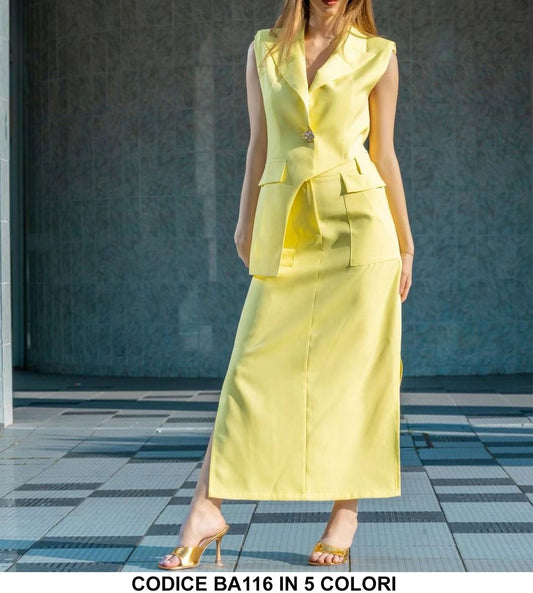 Completo Tailleur Donna Giacca Smanicata Asimmetrica Bottone Gioiello Gonna Lunga Midi in 5 Colori - BA116