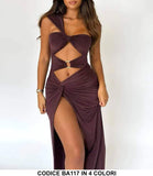 Abito Lungo Sensuale Spacco Profondo Vestito Monospalla Cut Out Casual in 4 Colori - BA117