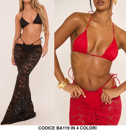 Completo Tris Costume da Mare Bikini Copricostume Pareo Semitrasparente in 4 Colori - BA119