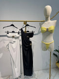 Completo da Bagno Bikini con Spilla Grande Oro Gioiello Pareo Monospalla Elegante Coordinato Mare in 3 Colori - BA123