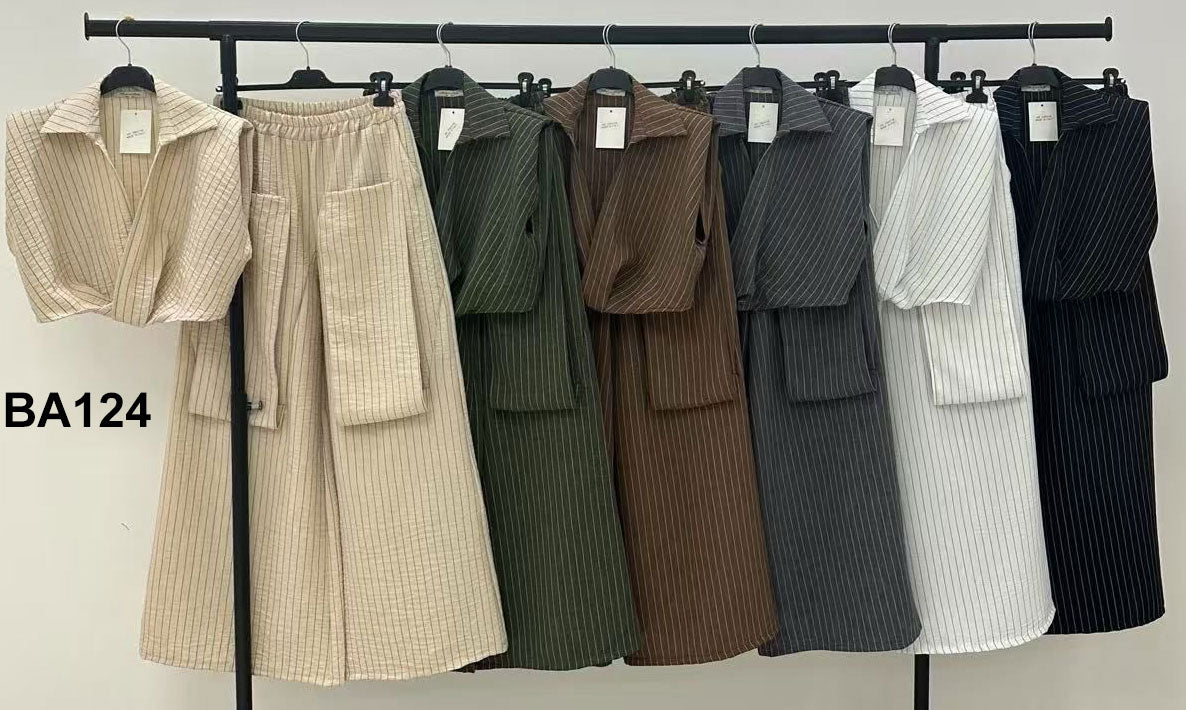 Completo Casual Maglia Gilet Spalline Strutturate Pantalone Largo Maxi Tasche Cargo Coordinato in 5 Colori - BA124