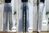 Pantalone Jeans Elegante Fascia Laterale Merletto Pizzo Bianco Pantaloni Donna Ragazze Blu - BA126