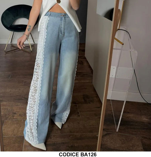 Pantalone Jeans Elegante Fascia Laterale Merletto Pizzo Bianco Pantaloni Donna Ragazze Blu - BA126