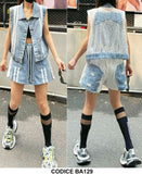 Completo Ragazza Jeans di Alta Qualità Giacca Gilet Pantaloncino Shorts Coordinato Righe Bianche - BA129