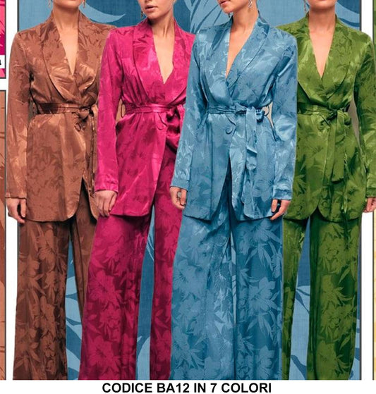 Tailleur Completo Giacca con Cintura Pantaloni Palazzo Stampa Floreale Coordinato Elegante in 7 Colori - BA12