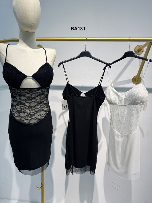 Abito Corto Elegante Bianco o Nero Trasparente Merletto Pizzo Vestito Effetto Reggiseno - BA131