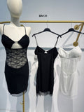 Abito Corto Elegante Bianco o Nero Trasparente Merletto Pizzo Vestito Effetto Reggiseno - BA131