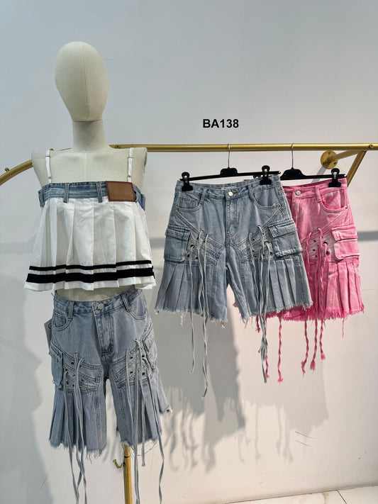 Pantaloncino Shorts in jeans Effetto Strappatto Borchie Laccetti Pendenti Ragazze Donne Blu o Rosa - BA138