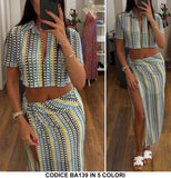 Completo Estate Mare Camicia Corta Gonna Lunga con Spacco Coordinato Effetto Ottico in 5 Colori- BA139