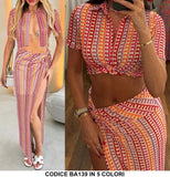 Completo Estate Mare Camicia Corta Gonna Lunga con Spacco Coordinato Effetto Ottico in 5 Colori- BA139