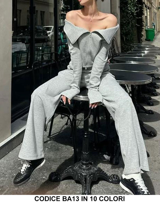 Completo Casual Magia Corta con Zip Spalline Scese Pantalone Palazzo Coordinato Tuta Sportiva in 10 Colori - BA13