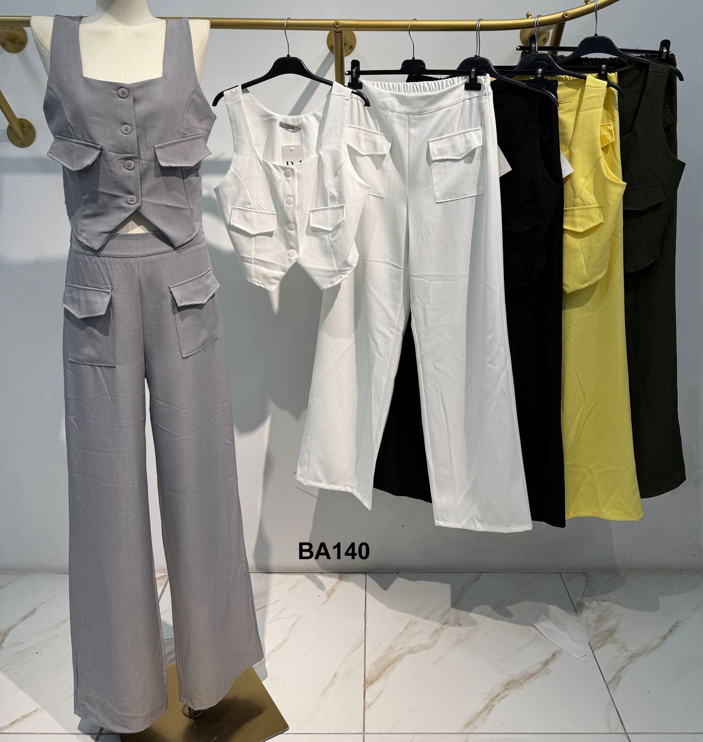 Completo Casual Tailleur Maglia Gilet Top Tasche Estetiche Pantalone Palazzo Cargo Coordinato in 4 Colori - BA140