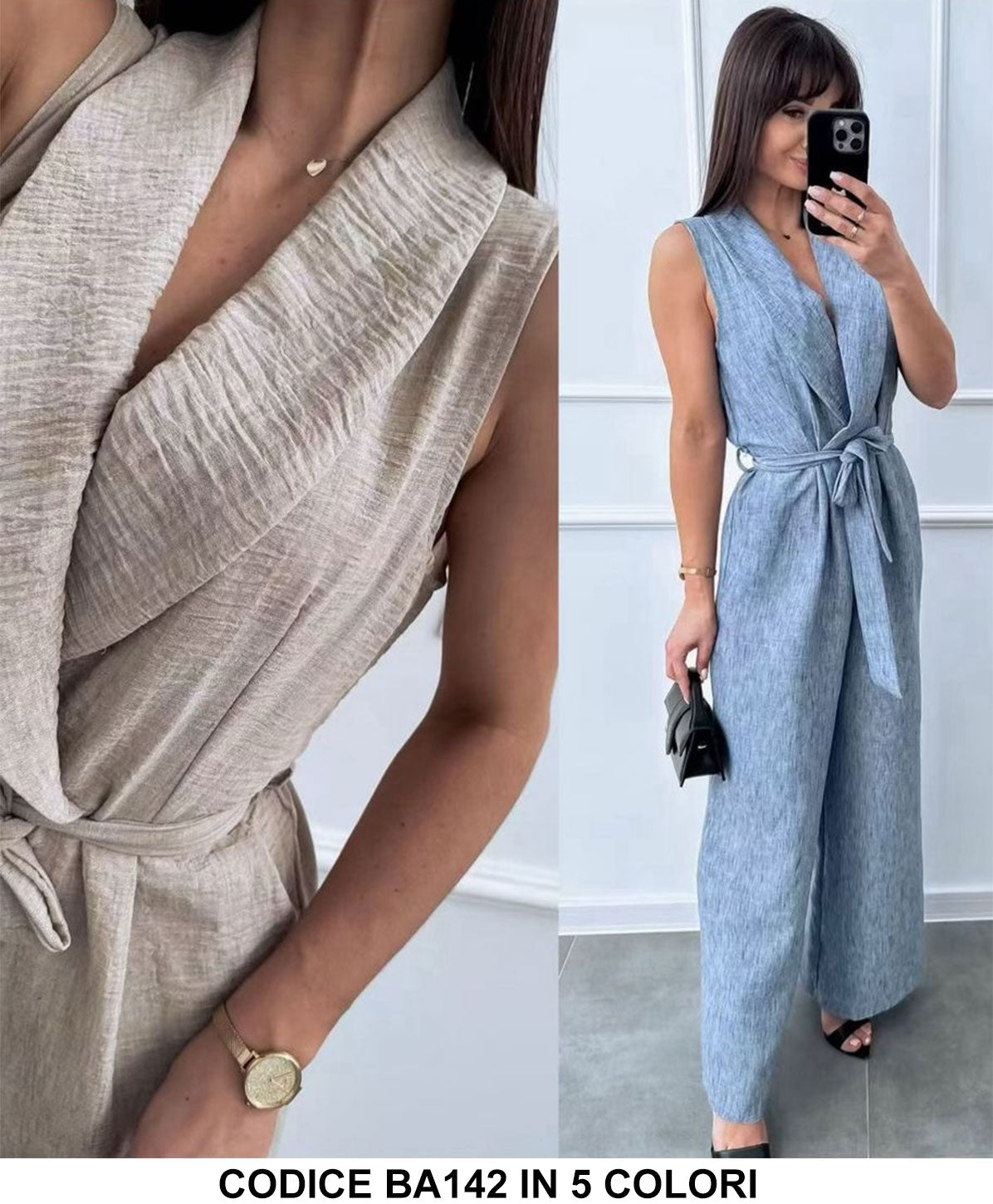 Tuta Intera Lunga Elegante Scollo Dritto Cintura in Vita Pantalone Palazzo Jumpsuit Evento in 5 Colori - BA142
