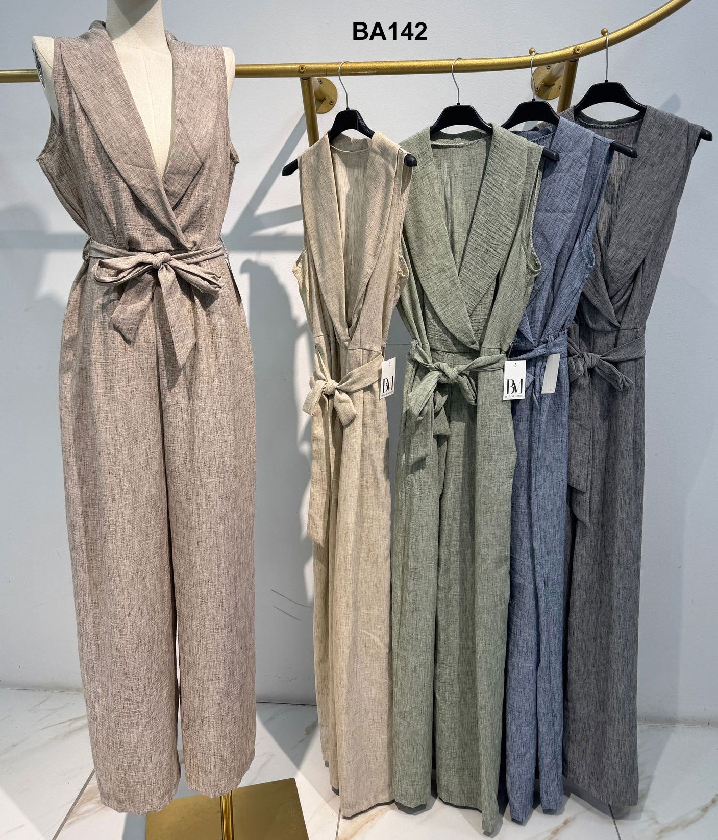 Tuta Intera Lunga Elegante Scollo Dritto Cintura in Vita Pantalone Palazzo Jumpsuit Evento in 5 Colori - BA142
