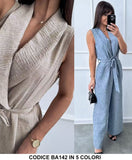 Tuta Intera Lunga Elegante Scollo Dritto Cintura in Vita Pantalone Palazzo Jumpsuit Evento in 5 Colori - BA142