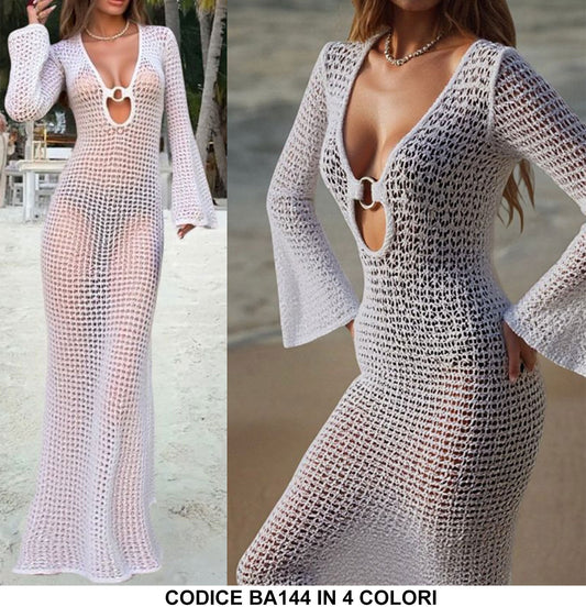 Vestito Copricostume Copri Costume Lungo Traforato Estate Mare Scollo con Anello Gioiello in 4 Colori - BA144