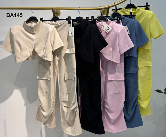 Completo Casual Maglia Camicia Corta Collo Alto Pantalone Cargo Palazzo Coordinato Elegante in 5 Colori - BA145