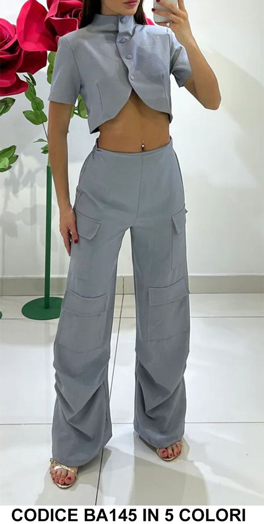 Completo Casual Maglia Camicia Corta Collo Alto Pantalone Cargo Palazzo Coordinato Elegante in 5 Colori - BA145