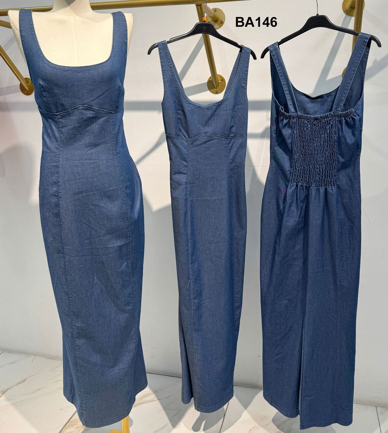 Abito Lungo Midi in Blu Jeans Denim Vestito Smanicato Tubino Elastico Casual Elegante Fashion - BA146