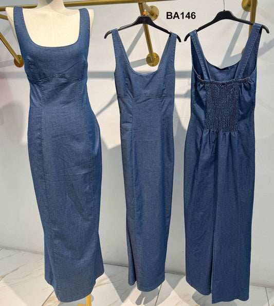 Abito Lungo Midi in Blu Jeans Denim Vestito Smanicato Tubino Elastico Casual Elegante Fashion - BA146