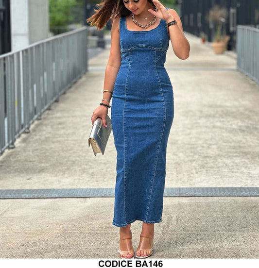 Abito Lungo Midi in Blu Jeans Denim Vestito Smanicato Tubino Elastico Casual Elegante Fashion - BA146