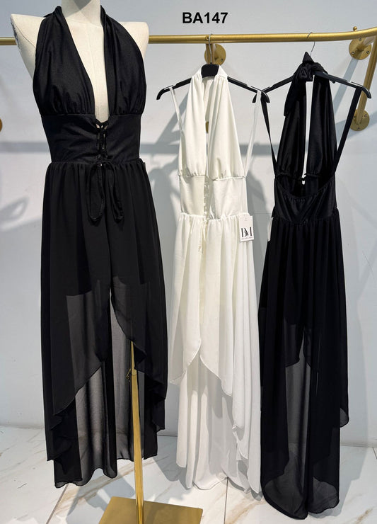 Abito Lungo Elegante Asimmetrico Scollo V Profndo con Culotte Vestito Cerimonia Sensuale in Bianco o Nero - BA147