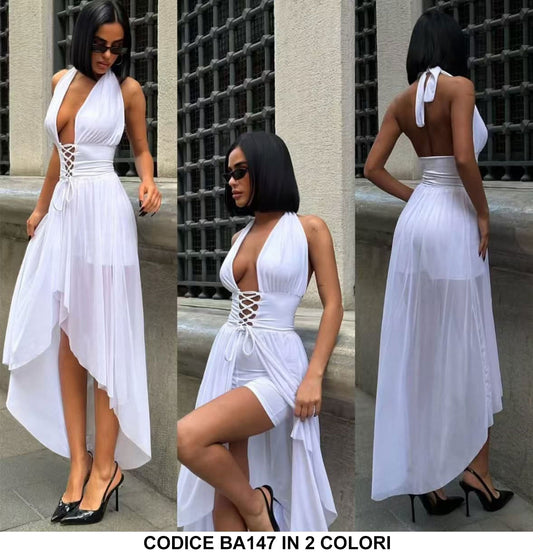 Abito Lungo Elegante Asimmetrico Scollo V Profndo con Culotte Vestito Cerimonia Sensuale in Bianco o Nero - BA147