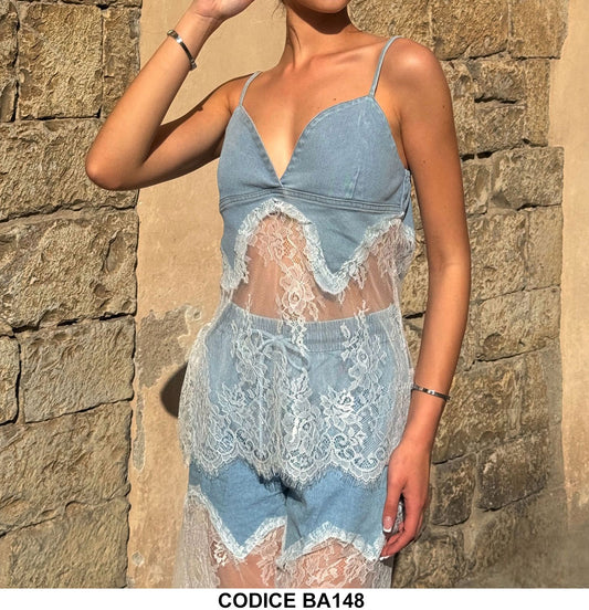 Completo Casual in Jeans e Merletto Bianco Maglia Top Pantaloncini Shorts Coordinato Estate - BA148