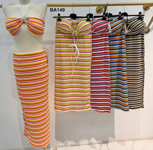 Completo Estate Top Reggiseno Gonna Lunga Midi Multicolore Coordinato Righe Sensuale in 5 Colori - BA149